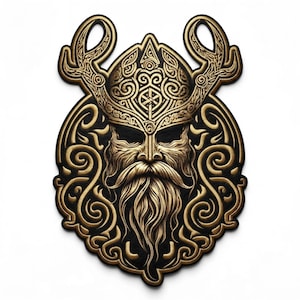 Op de afbeelding: Een decoratieve wandplaat met een goud en zwart reliëf van een bebaard figuur met een gehoornde helm. Het ontwerp bevat ingewikkelde wervelende patronen en geometrische lijnen rond het gezicht, wat een gedetailleerd en symmetrisch embleem vormt.