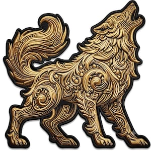 May include: An embroidered patch featuring a wolf howling, rendered in metallic gold thread with intricate swirling patterns throughout its fur, outlined with a thick black border against a plain white background.