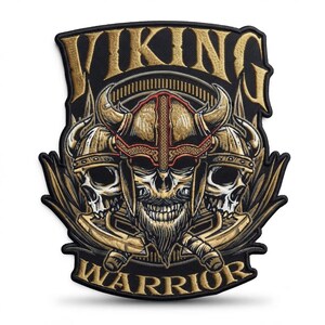 Viking Warrior Patch, Three Skulls, Gothic Embroidered Back Patch (13 Inch)