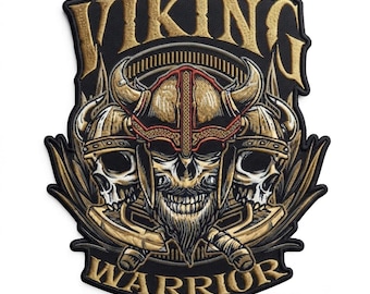 Vikingakrigarmärke, tre dödskallar, gotiskt broderat ryggmärke (13 tum)