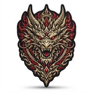 May include: A shield-shaped embroidered patch featuring a detailed dragon head in gold and cream tones. The dragon has glowing red eyes, an open mouth with visible teeth, and long whiskers. The design is accented with vibrant red flame patterns.
