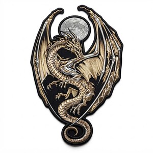 Puede incluir: Un parche bordado decorativo que presenta un dragón detallado en oro y plata con alas extendidas, cola enroscada y garras afiladas, posicionado frente a una luna llena gris texturizada sobre un fondo negro con un borde negro.