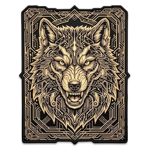 May include: A rectangular embroidered patch featuring a stylized wolf head design in gold thread on a black background. The wolf is composed of intricate geometric circuit board patterns, with its mouth open to reveal teeth, framed by a border.