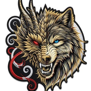 May include: An embroidered patch featuring a split-face design. The left side depicts a golden dragon with a glowing red eye, while the right side shows a golden wolf with a piercing blue eye. The background includes black and red swirls.
