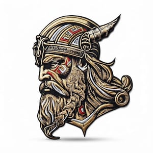 May include: An embroidered patch featuring a profile view of a Viking warrior wearing a horned helmet. The design uses black, gold, white, and red thread to depict the warrior's detailed facial features, long flowing beard, and intricate helmet.