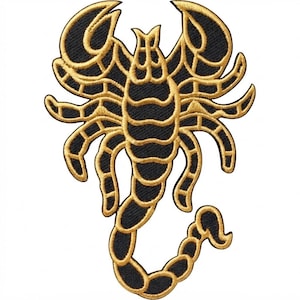 Scorpion Embroidered Patch, Gold & Black Gothic Insect Applique, 13 Inch