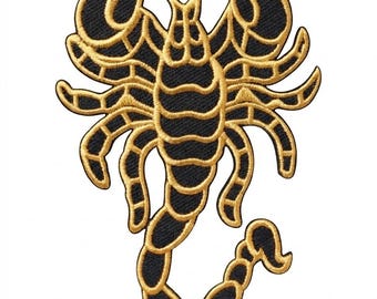 Scorpion Embroidered Patch, Gold & Black Gothic Insect Applique, 13 Inch