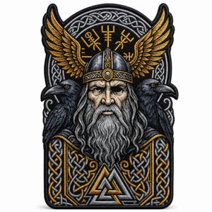 May include: A rectangular embroidered patch featuring a bearded figure in a winged helmet flanked by two black ravens. The design includes intricate gold and silver Celtic knotwork, runic symbols above the head, and a central valknut emblem.