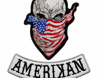 Set mit Rückenaufnähern für Bikerwesten mit amerikanischer Flagge und Totenkopfmotiv, gesticktes Emblem für Motorradjacken