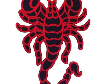 Scorpion Embroidered Patch, Red & Black Gothic Insect Applique, 13 Inch