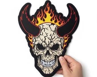 Flaming Skull Patch 13.5 Inch Large Embroidered Biker Patch