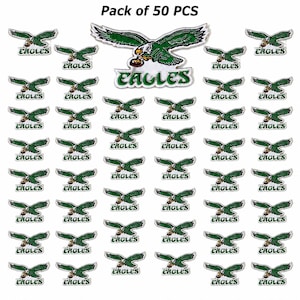 May include: A pack of 50 embroidered patches featuring a green and white eagle logo with the text EAGLES. The design depicts a flying eagle clutching a football, arranged in a grid pattern with one large patch at the top and 49 smaller ones.