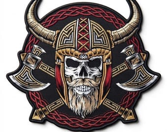 Tygmärke med hornad vikingadskalle, broderi av nordisk krigare, korsade yxor, 13 tum (tygmärke för rygg på jacka)
