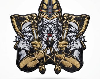 13 Inch Viking Berserker Embroidered Patch, Norse Warrior Applique (Black, Gold, Silver)
