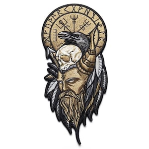 13 Inch Odin Viking Embroidered Patch, Norse Warrior, Raven Skull, Nordic Mythology Jacket Patch