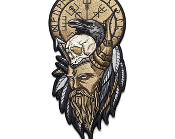 13 tums Odin Viking broderad lapp, nordisk krigare, korpskalle, nordisk mytologi jacka lapp