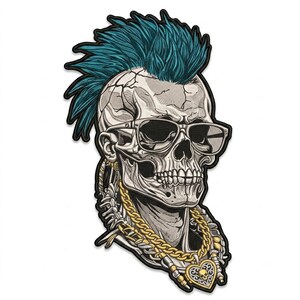 May include: An embroidered patch featuring a skull with a teal mohawk hairstyle, wearing dark-rimmed sunglasses and a gold-colored chain necklace with a heart-shaped pendant that displays a small skull design, all outlined in a thick black border.