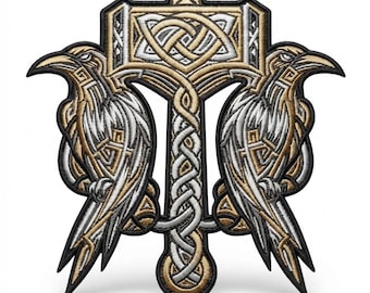 13" nordisk korp broderilapp, vikingakeltiskt knutmönster, guld silver svart (13 tum)