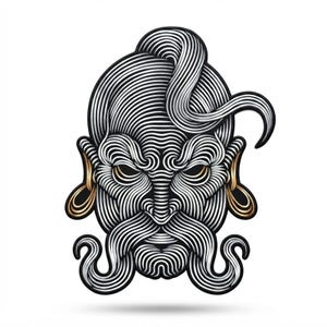 May include: A graphic illustration of a stylized face with a long, flowing mustache and a topknot, rendered entirely in black and white line art. The design features intricate, swirling patterns that define the facial features, with gold accents.
