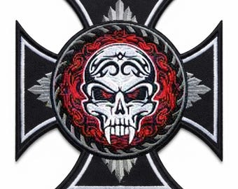 Skull Iron Cross Embroidered Back Patch, Gothic Biker Design