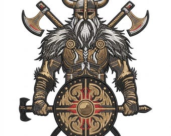 13 tums vikingakrigare broderad lapp, nordisk sköld, hornhjälm, guld silver svart röd (stor lapp på ryggen)