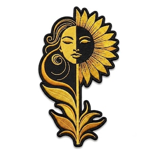 May include: An embroidered patch featuring a split design. One side shows a golden face with flowing hair, while the other side depicts a golden sunflower. The entire design is set against a black background with a thick black border outline.