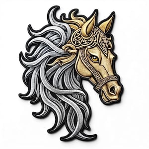Puede incluir: Un parche bordado que muestra la cabeza de un caballo de perfil. El caballo tiene un pelaje dorado con intrincados patrones de nudos en el cabezal y una crin fluida en tonos plateados y grises, todo delineado con un borde negro grueso.