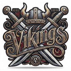May include: An embroidered patch featuring the word VIKINGS in large, stylised gold and black lettering. The design includes a central horned helmet positioned above two crossed swords, accented with intricate scrollwork and small red details.