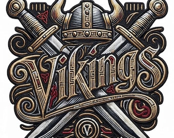 13 tums vikingatyg broderad lapp, nordisk krigarhjälm, korsade svärd, nordiskt knutarbete (stor rygglapp)