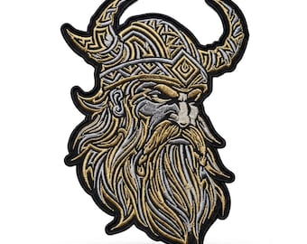 13 tums vikingakrigare broderad lapp, hornhjälm, nordiska mönster (rygglapp)