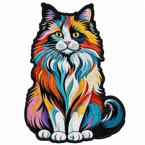 Puede incluir: Un parche bordado que muestra un gato de pelo largo con un pelaje multicolor vibrante. El diseño incorpora tonos brillantes de azul, naranja, amarillo, rosa y blanco, con un borde negro sólido que perfila la silueta del gato.