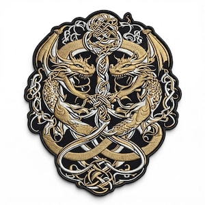May include: A circular embroidered patch featuring two gold dragons facing each other, intertwined with silver and gold Celtic knotwork patterns on a black background. The design is enclosed by a black border with a scalloped edge.