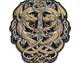 13 tums keltisk tvillingdrake broderad lapp, vikinga-nordisk fantasiapplikation