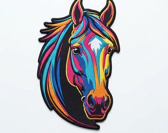 Parche bordado de caballo arcoíris de 33 cm, aplique ecuestre colorido, accesorio artístico para chaqueta
