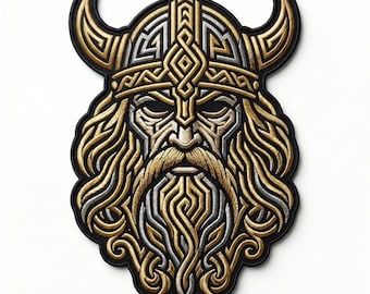 13 tums broderad lapp med vikingakrigare, nordisk hjälm, skäggapplikation (guld, silver, krämfärgad)