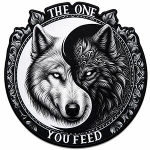 May include: A circular embroidered patch featuring a black and white yin-yang design composed of two wolf heads. The text THE ONE YOU FEED is printed in white capital letters along the top and bottom edges within a decorative floral border.