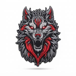 13 tums broderad varghuvudlapp, gotisk fantasidesign (röd, svart, silver)