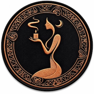 Pode incluir: Um emblema bordado circular apresentando a silhueta cor de cobre de uma figura ajoelhada segurando uma vela acesa com fumaça subindo. Uma lua crescente está posicionada acima da figura, tudo envolto em uma borda decorativa de cobre sobre fundo preto.