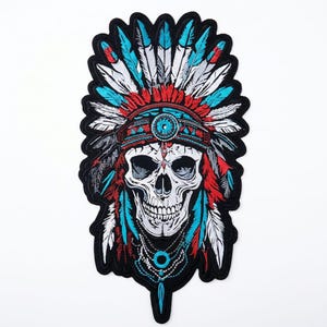 Großer Rückenaufnäher mit Totenkopf-Stickerei eines Indianerhäuptlings für Weste, Jacke, Rucksack, 30 cm (12 Zoll)