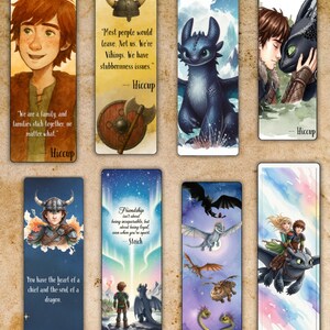 May include: A collection of eight rectangular bookmarks featuring characters and quotes from the "How to Train Your Dragon" franchise. Each bookmark displays colorful illustrations of Hiccup, Toothless, and other dragons, with inspirational quotes.