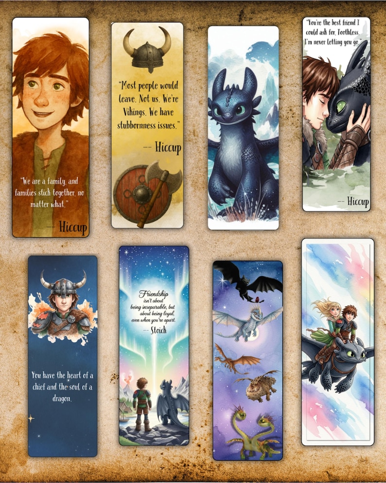 May include: A collection of eight rectangular bookmarks featuring characters and quotes from the "How to Train Your Dragon" franchise. Each bookmark displays colorful illustrations of Hiccup, Toothless, and other dragons, with inspirational quotes.