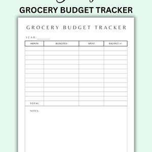 K&ouml;nnte beinhalten: Ein wei&szlig;es Papier mit dem Titel "Yearly Grocery Budget Tracker" mit hellgr&uuml;nem Hintergrund. Das Dokument enth&auml;lt Abschnitte f&uuml;r Monat, Budget, Ausgaben und Saldo. Der Text "Yearly" ist kursiv geschrieben.