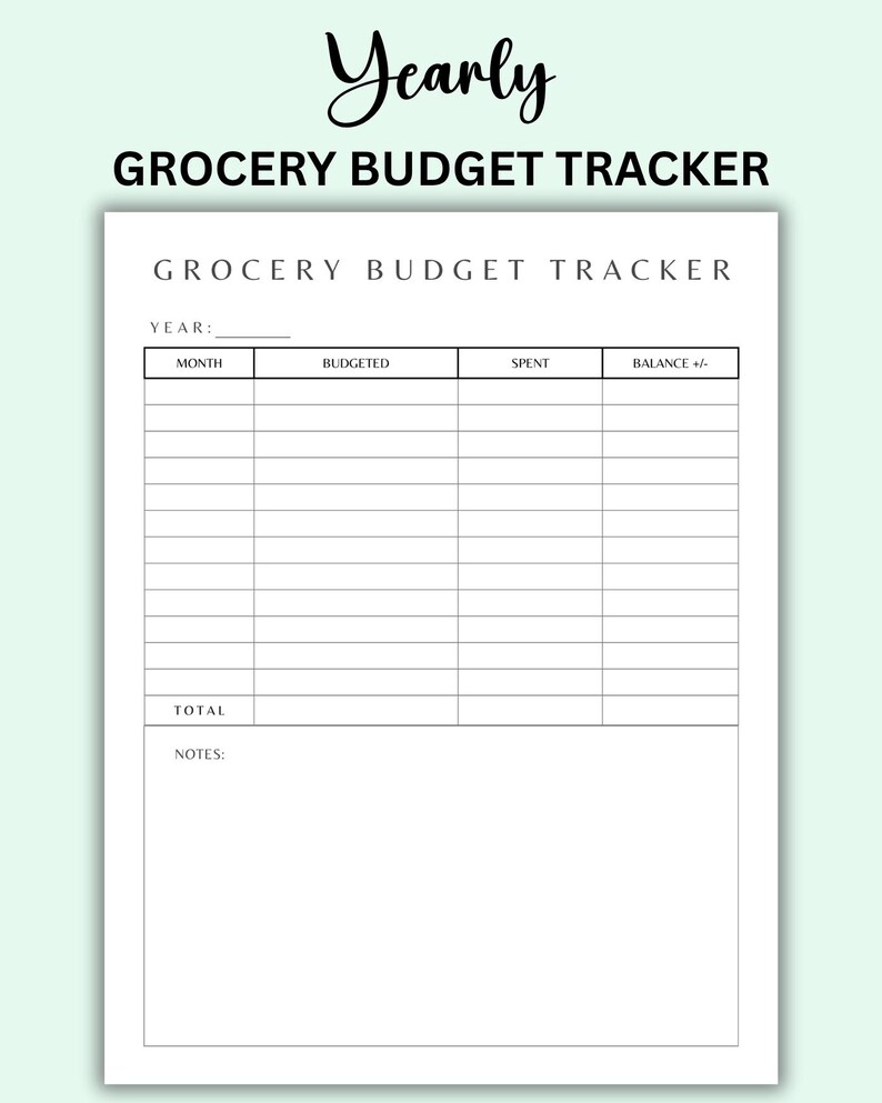 K&ouml;nnte beinhalten: Ein wei&szlig;es Papier mit dem Titel "Yearly Grocery Budget Tracker" mit hellgr&uuml;nem Hintergrund. Das Dokument enth&auml;lt Abschnitte f&uuml;r Monat, Budget, Ausgaben und Saldo. Der Text "Yearly" ist kursiv geschrieben.