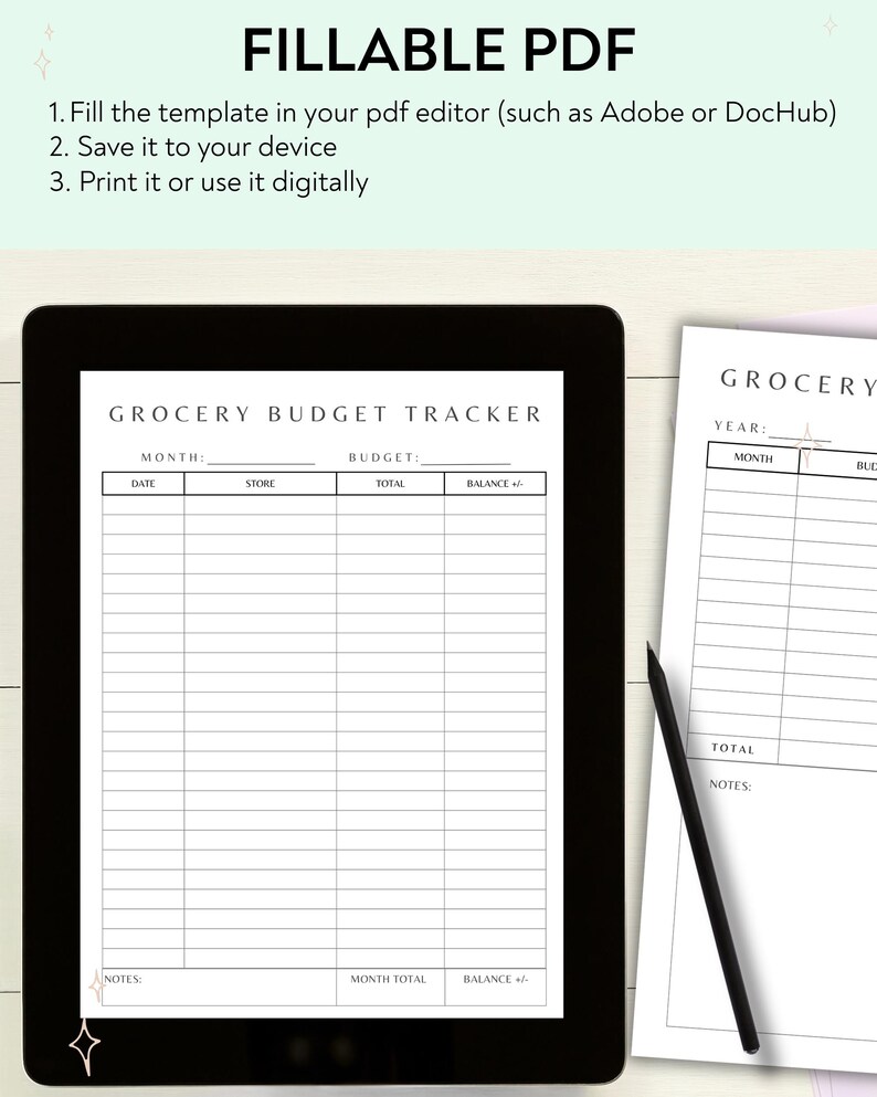 K&ouml;nnte beinhalten: Ein digitaler Haushaltsplaner f&uuml;r Lebensmittel auf einem Tablet, mit einer gedruckten Version und einem schwarzen Bleistift. Der Text "FILLABLE PDF" und Anweisungen stehen oben. Der Tracker enth&auml;lt Felder f&uuml;r Datum, Gesch&auml;ft, Gesamtbetrag und Saldo.