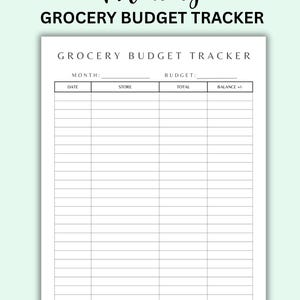 K&ouml;nnte beinhalten: Ein wei&szlig;er Haushaltsplaner f&uuml;r Lebensmittel mit dem Text "Monthly GROCERY BUDGET TRACKER" oben. Der Tracker enth&auml;lt Abschnitte f&uuml;r Datum, Gesch&auml;ft, Gesamtbetrag und Saldo. Es gibt auch Bereiche f&uuml;r Notizen, Monatssumme und Saldo.