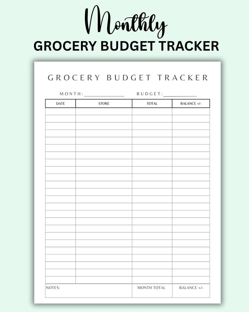 K&ouml;nnte beinhalten: Ein wei&szlig;er Haushaltsplaner f&uuml;r Lebensmittel mit dem Text "Monthly GROCERY BUDGET TRACKER" oben. Der Tracker enth&auml;lt Abschnitte f&uuml;r Datum, Gesch&auml;ft, Gesamtbetrag und Saldo. Es gibt auch Bereiche f&uuml;r Notizen, Monatssumme und Saldo.