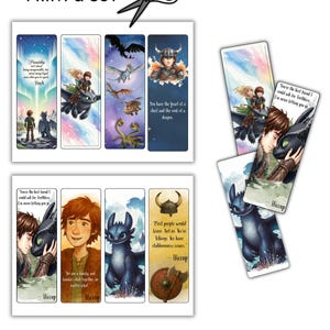 May include: Set of colorful bookmarks featuring characters and quotes from the "How to Train Your Dragon" series. The bookmarks include illustrations of Hiccup, Toothless, and other dragons, with text like "Friendship isn't about being inseparable, but being apart and knowing nothing will change."
