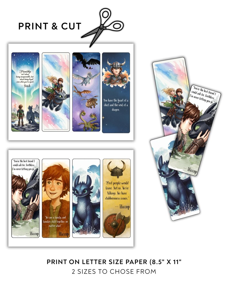 May include: Set of colorful bookmarks featuring characters and quotes from the "How to Train Your Dragon" series. The bookmarks include illustrations of Hiccup, Toothless, and other dragons, with text like "Friendship isn't about being inseparable, but being apart and knowing nothing will change."