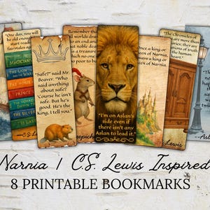 May include: Eight printable bookmarks inspired by C.S. Lewis's "The Chronicles of Narnia." Each bookmark features quotes and illustrations from the book series, including Aslan the lion and a wardrobe.