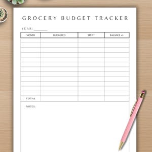 K&ouml;nnte beinhalten: Ein wei&szlig;es Blatt mit der Aufschrift "Grocery Budget Tracker" und einer Tabelle zur monatlichen Ausgabenverfolgung. Ein rosa Stift mit goldenen Akzenten liegt auf der rechten Seite. Der Hintergrund ist eine hellbraune Holzoberfl&auml;che mit kleinen Topf-Sukkulenten.
